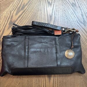 Will Leather Goods Black Leather Tassel Wristlet Clutch. RARE ALL BLACK CLUTCH
